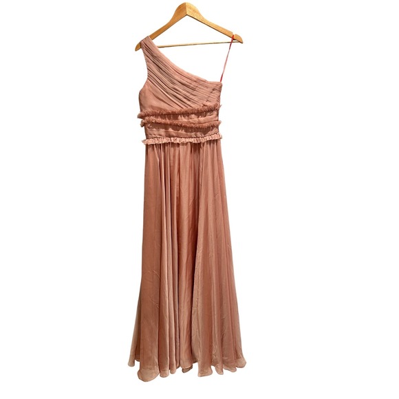 ML by Monique Lhuillier Blush One Shoulder Chiffon Gown Dress Bridesmaid Size 6 - Picture 3 of 8